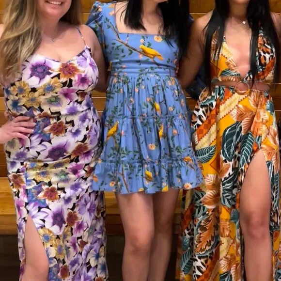 Agua Bendita Avena Canarios Dress Blue Bird Tree Floral Print Cotton Mini S - Picture 2 of 3